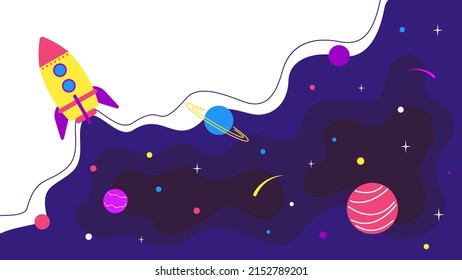 Rocket on the background of outer space. Cosmonautics Day. Vector stock illustration in flat style.