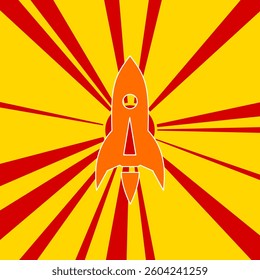 Rocket on a background of red flash explosion radial lines. The large orange symbol is located in the center of the sun, symbolizing the sunrise. Vector illustration on yellow background