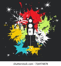 Rocket on black background with color spots. Grunge vector illustration