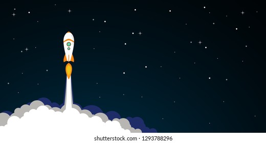 Rocket on Dark blue sky  background with stars and technology. Vector illustration. 