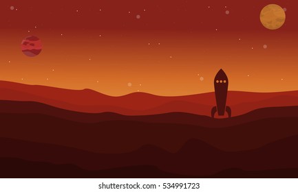 Rocket on desert outer space landscape
