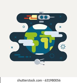 Rocket on a earth orbit. Flat vector illustration.