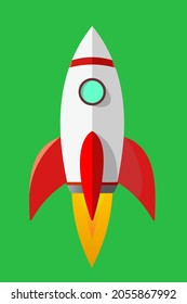 Cohete sobre un fondo verde. La nave espacial está despegando. Transporte de caricaturas.