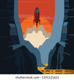rocket on mountains vector illustration 