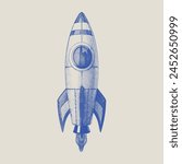 Rocket on Plain Background. Blue and Beige Color, Halftone Illustration.