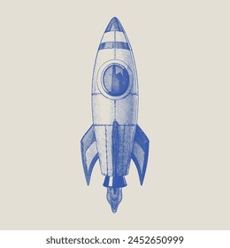 Rocket on Plain Background. Blue and Beige Color, Halftone Illustration.