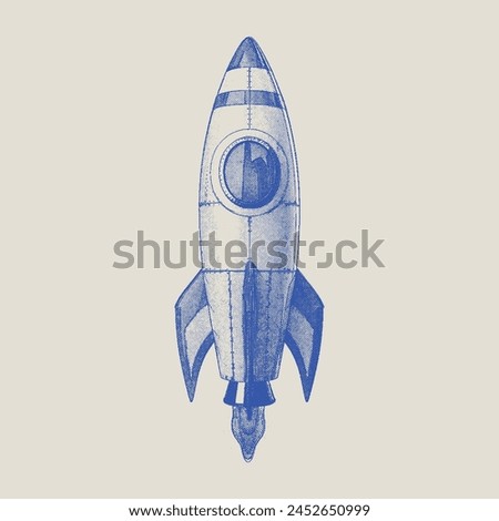 Rocket on Plain Background. Blue and Beige Color, Halftone Illustration.