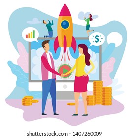 Rocket on Screen Cartoon Man Woman Shake Hand Vector Illustration. Financial Investment Deal Buy Operating Business Startup Money Investor Mobile Application Development Launch Successful Company