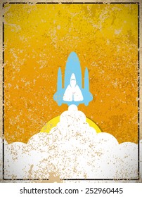 Rocket on sky blue of sun vintage color, vector illustration