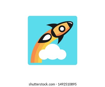 Rocket on the sky with rainbow  smoke illustration. rocket logo with rainbow smoke vector design. rocket symbol vector template
