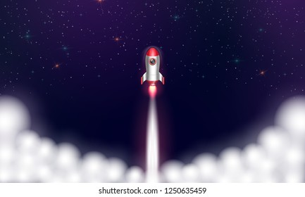 Rocket on space background. Launch space ship. Vector illustration.