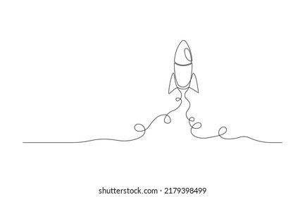 Rocket one line art. Rocket launch hand drawing. Vector illustration