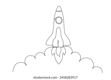 Rocket one line icon. Spaceship isolated illustration. Startup outline vector symbol. Single line drawing.