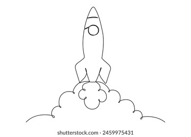 Rocket one line icon. Spaceship isolated illustration. Startup outline vector symbol. Single line drawing.