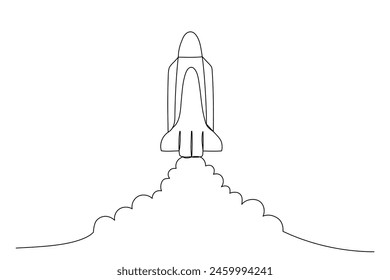 Cohete una línea icono. Nave espacial con ilustración aislada de fuego. Símbolo de Vector de esquema de inicio. Dibujo de una sola línea.