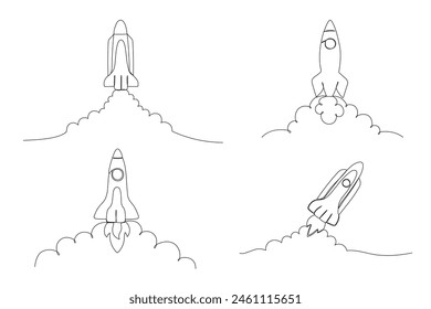 Rocket one line icons set. Spaceship isolated illustration. Startup outline vector symbol. Single line drawing.