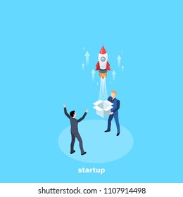 a rocket from an open box in the hands of a man in a business suit, an isometric image