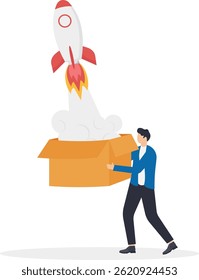 a rocket from an open box in the hands of a man in a business suit,

