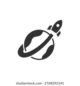Rocket orbiting planet icon. Space travel and interplanetary mission. Monochrome black and white symbol