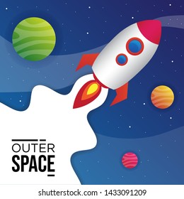 Rocket In Outer Space With Beautifull Planets - Vector - Icon