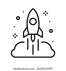 Rocket outline ship icon with fire isolated on background illustration with flying rocket