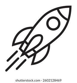 Rocket outline ship icon with fire isolated on white Vector illustration with flying rocket isolated