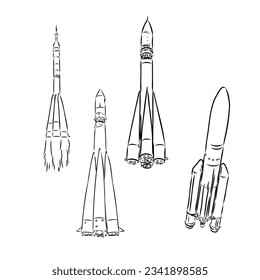 Rocket outline. Space rocket silhouette. One line continuous vector illustration. Line art, outline, vector