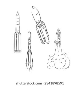 Rocket outline. Space rocket silhouette. One line continuous vector illustration. Line art, outline, vector
