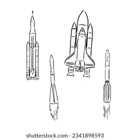 contorno del cohete. Silhouette de cohetes espaciales. Ilustración vectorial continua de una línea. Arte de línea, contorno, vector