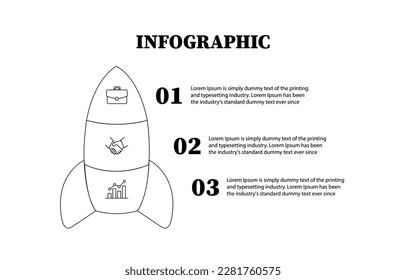 The rocket outlines the template infographic three-element vector. Plan infographic business present with 3 steps. Creative concept planning used for web banners, diagrams, layouts, workflows, and web