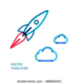 Rocket over clouds  flat line icon infographic illustration template for web or brochure. Think out of the box concept infographics.