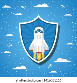 Rocket over clouds and pointed background design