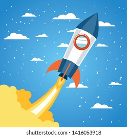 Rocket over clouds and pointed background design