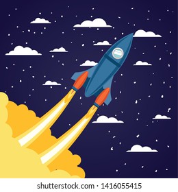 Rocket over clouds and pointed background design