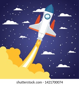 Rocket over clouds and pointed background design