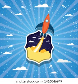 Rocket over clouds and striped background design