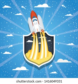 Rocket over clouds and striped background design