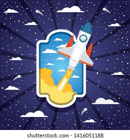 Rocket over clouds and striped background design