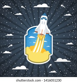 Rocket over clouds and striped background design