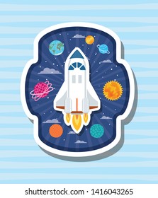 Rocket over label with planets design vector illustration