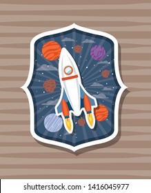 Rocket over label with planets design vector illustration
