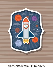 Rocket over label with planets design vector illustration