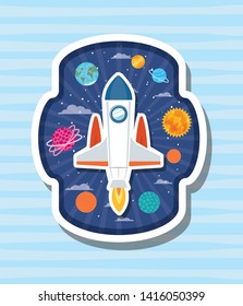 Rocket over label with planets design vector illustration