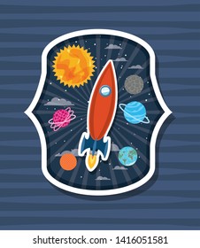Rocket over label with planets design vector illustration