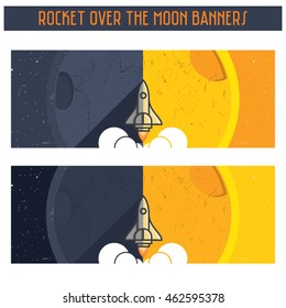 Rocket Over The Moon Flat Banners - suitable for backgrounds to as well as for stickers, cover images etc. Images are separated. Vector, editable. 