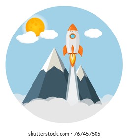 rocket over mountains sunny sky flat design icon 
