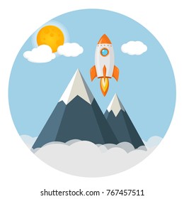 rocket over mountains sunny sky flat design icon 