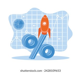 Rocket over the percentage sign. Corporate financial growth concept. Successful career take of concept. Flat vector illustration.