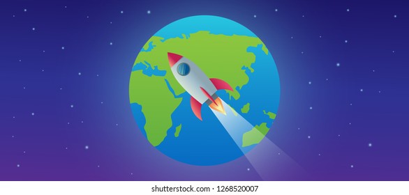rocket over the planet earth globe from the space vector design illustration