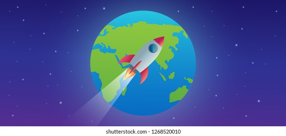 rocket over the planet earth globe from the space vector design illustration